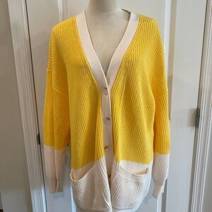 LOFT Yellow and Cream Colorblock V-Neck Button Cardigan